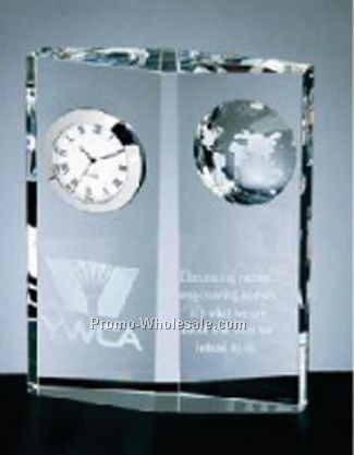 6-1/2"x5"x1-1/2" Optical Crystal Globe Clock Diamond Plaque