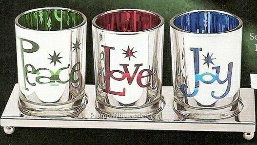 7"x2-1/2"x3-1/4" Holiday Tea Lights W/ Peace Love & Joy On Tray 3 Set