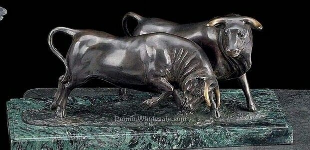 8-1/4"x15-1/2"x9-1/2" Bronze Double Charging Bull On Marble