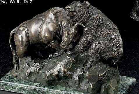 8"x11-1/4"x4-3/4" Bronze Bull & Bear Fight Sculpture On Marble Base