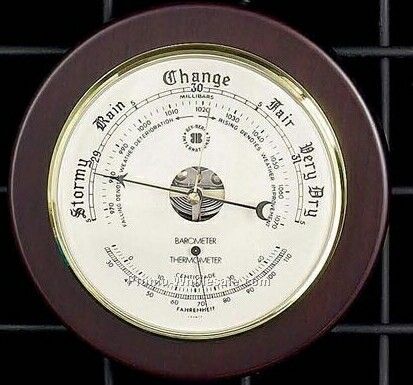 9" Brass Barometer & Thermometer On Cherry Wood Base