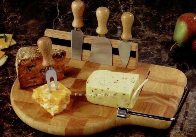 Butcher Block End Grain Board With 4 Cheese Knives & Wire Slicer Arm