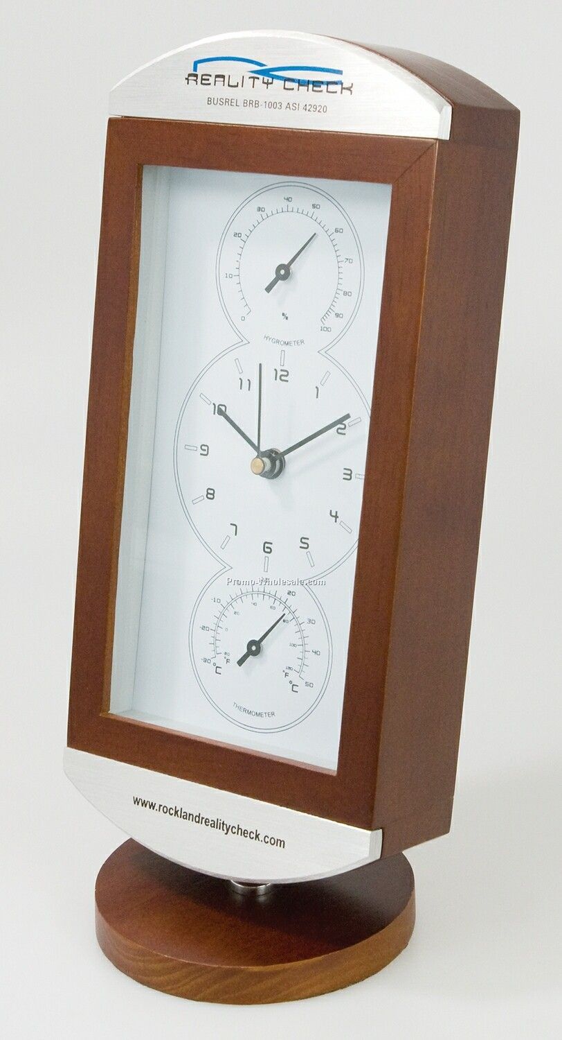 Clock/ Thermometer/ Hygrometer On Swivelling Wooden Base
