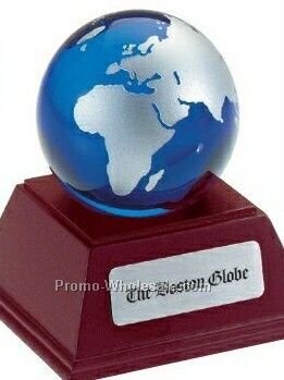 Cobalt Blue Glass Globe Paperweight W/ Rosewood Base