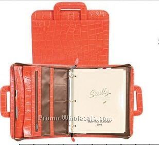 Croco Calfskin Zip Binder W/ Drop Handles (Sunset Orange)