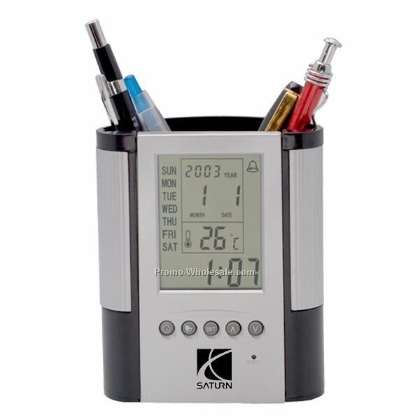 Digital Clock Pencil Caddy W/ Alarm & Thermometer