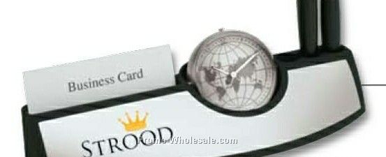 Essentials All'comi Black & Silver Clock/ Business Card Holder 8"x3-1/2"