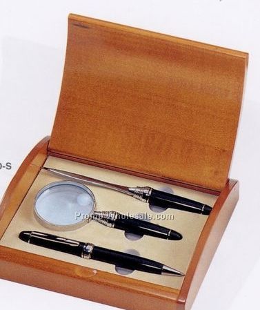 Executive Brass Pen W/ Letter Opener & Magnifier Gift Set In Wooden Box