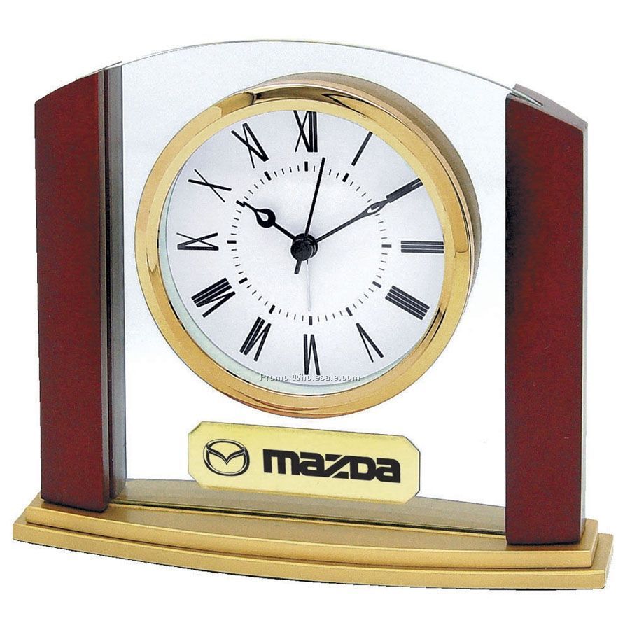 Glass & Wood Desk Alarm Clock W/ Curved Florentine Base