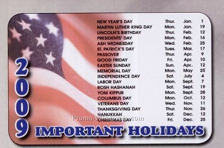 Laminated Stock Business Card (Important Holidays Chart/ Vertical Year)
