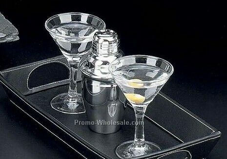Martini Set With 2 Glasses & 7 Oz. Shaker On Black Leather Tray