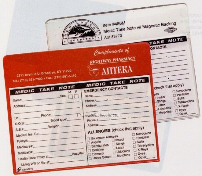 Medical Information Form In Vinyl Sleeve W/ Magnetic Backing