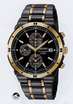 Men's Seiko Alarm Chronograph Round Watch (Black Band/ Black & Gold Face)