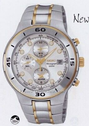 Men's Seiko Alarm Chronograph Round Watch /Silver W/ Gold Trim