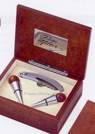 Rosewood Wine Stopper Set In Burlwood Finish Box