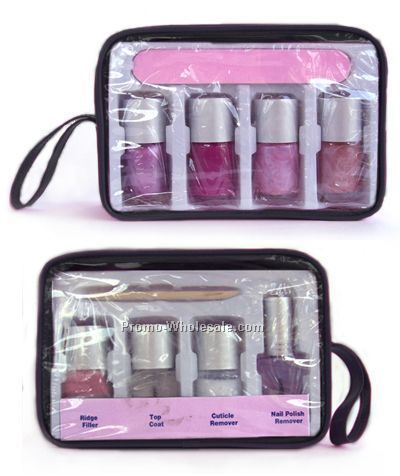 Set Of 4 Nail Polish With File In Clear Pouch