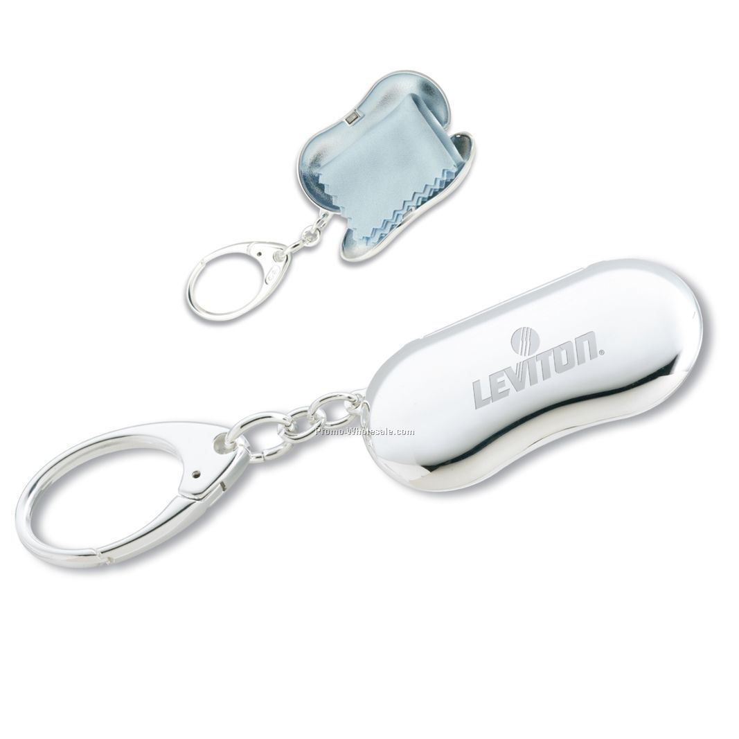 Shiny Silver Plated Bean Shaped Key Chain W/Cleaning Cloth