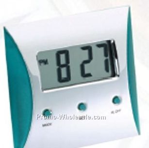 Silver Lcd Alarm Clock With Turquoise Trim & Stand