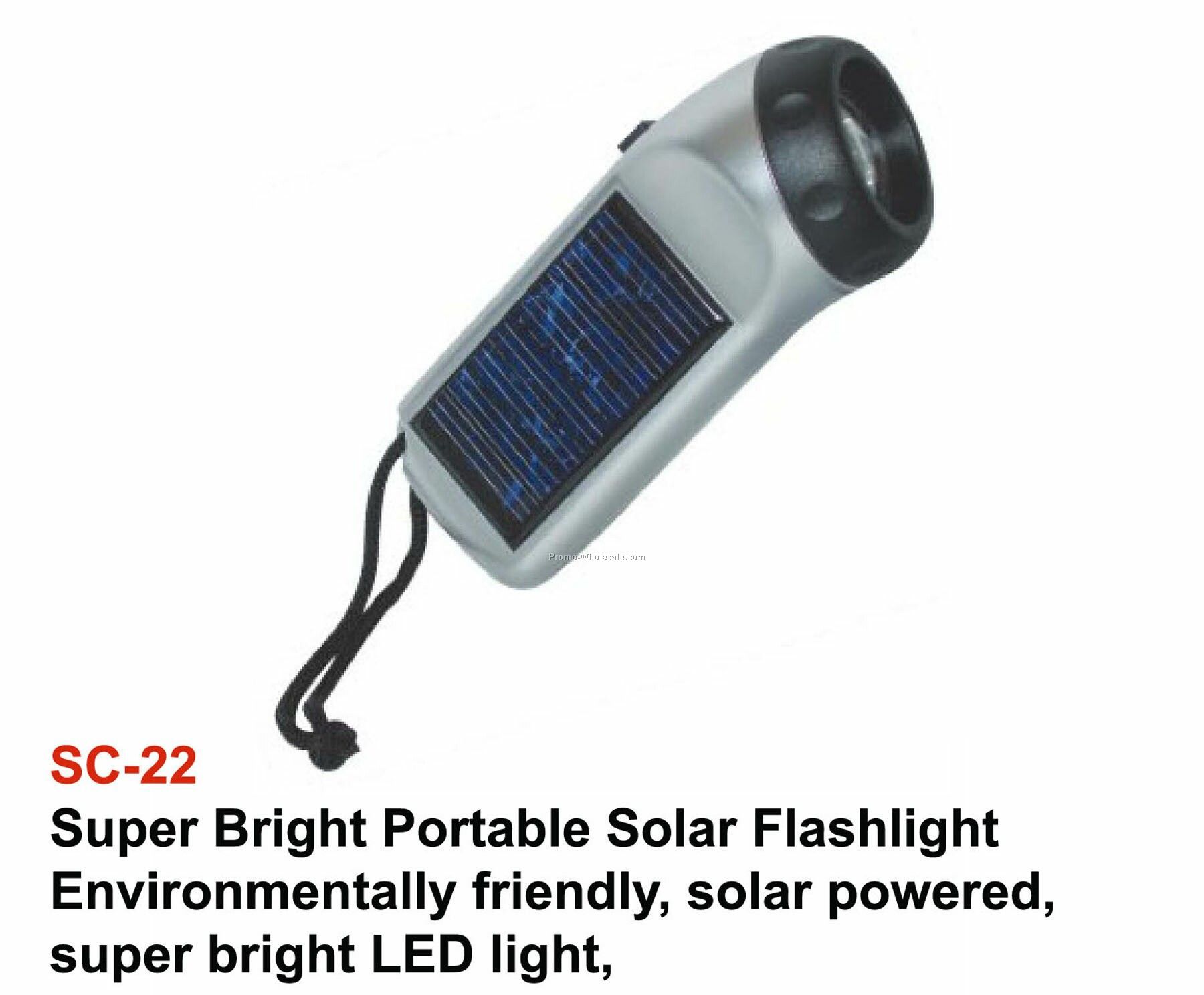 Solar Flashlight. White LED Light. On/Off Switch. Rechargeable Batteries.