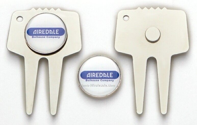 Stamped Divot Tool In Silvertone Finish W/ 7/8" Screen Printed Ball Marker