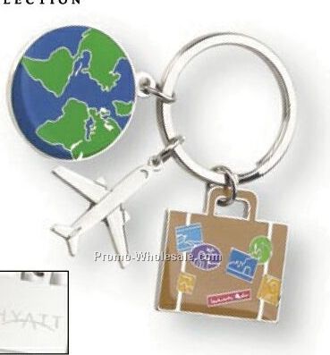 Tourismo Split Ring Key Holder W/ Globe/ Airplane/ Suitcase Charm