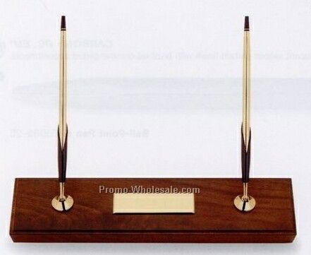 Walnut Double Desk Set W/ 10 Karat Gold Filled Ballpoint Pen & Pencil