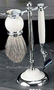 White Enamel & Silver Plated Mach 3 Razor & Badger Brush On Stand