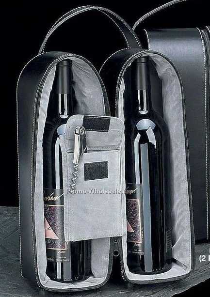 Wine Caddy For 2 Bottles With Bar Tool In Black Leather Case