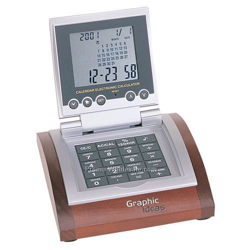 World Time Clock W/ Alarm/Calculator/Calendar/Wooden Base