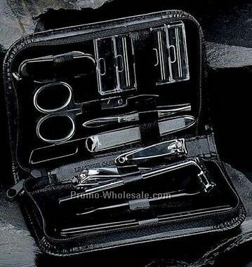 10 Piece Manicure & Shave Set With Zippered Black Leather Case