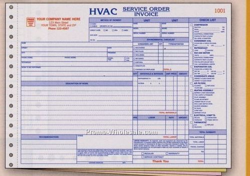 11"x8-1/2" 4 Part Hvac Horizontal Service Order/ Invoice