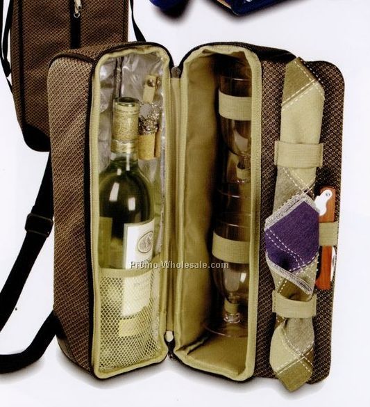 14-1/2"x7-3/4"x4" Wine Carrier With Goblets, Corkscrew & Bottle Stopper