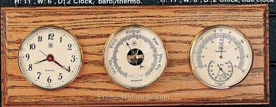 16"x6"x2" Brass Clock/Barometer/Thermometer/Hygrometer On Mahogany Wood