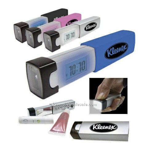 3-1/8"x15/16"x3/4" Lipstick Flashlight Alarm Clock With Mirror