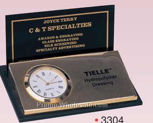 3-7/8"x2-1/2"x2" Gold Plated Black Business Card Holder W/ Clock (Engraved)