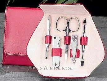 5 Piece Manicure Set With Red Leather Case