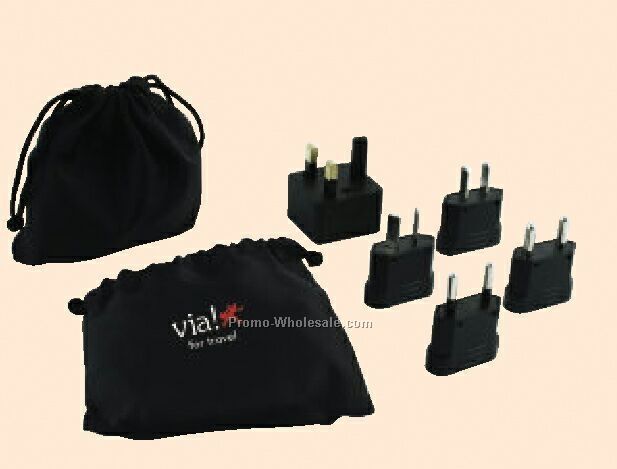 5 Universal Adaptor Plug Kit In Drawstring Pouch