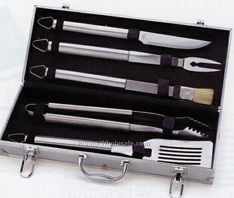 5-piece Stainless Steel Barbecue Set W/Metal Case