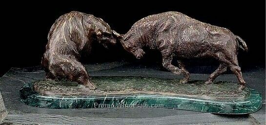 6"x16"x6" Bronze Charging Bull & Bear Fight Sculpture On Marble Base
