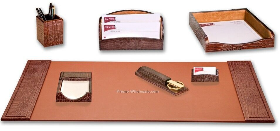 7-piece Embossed Crocodile Leather Desk Set - Brown