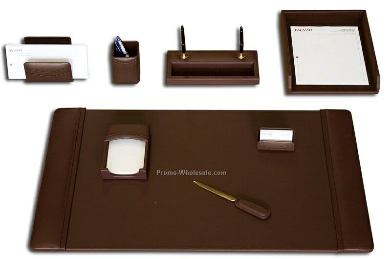 8-piece Classic Leather Desk Set - Chocolate Brown