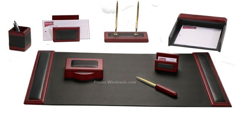 8-piece Wood & Leather Desk Set - Rosewood Trim