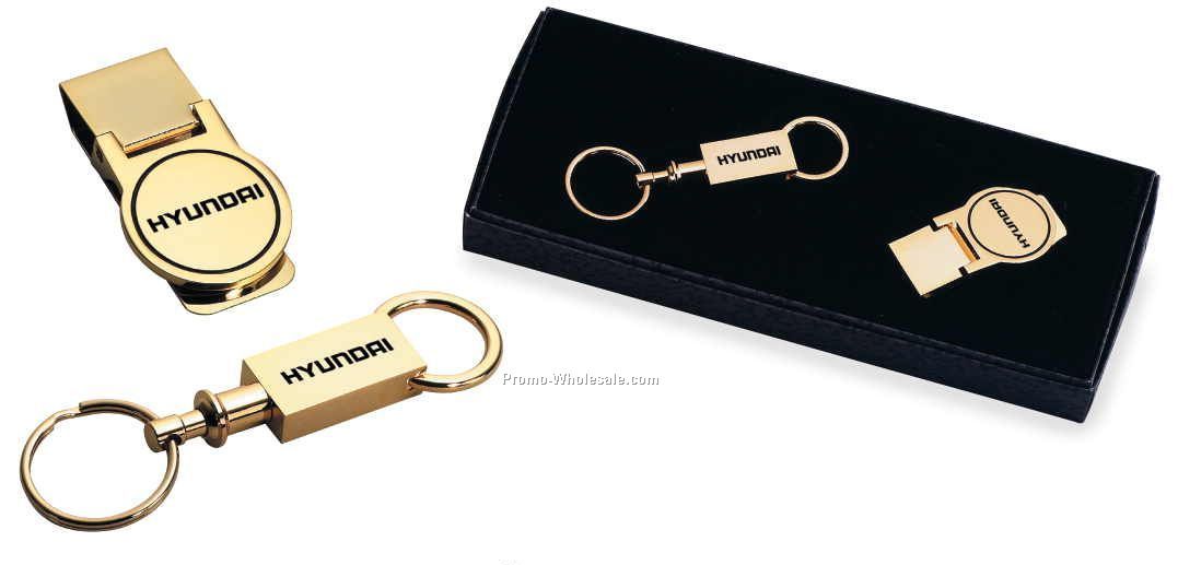 8"x3-1/2"x1" Rotary Engraved Brass Gift Set W/ Money Clip & Key Chain