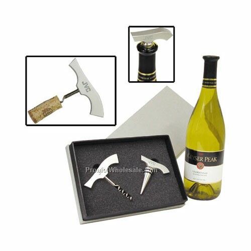 8"x5-1/2"x1-1/2" Aluminum Corkscrew & Wine Stopper Gift Set - Laser