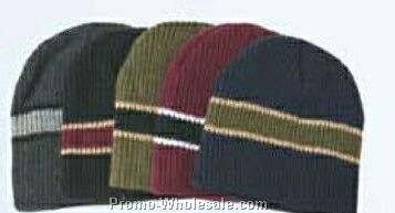 Acrylic Cable Knit Beanie Hat W/ Striped Trim (One Size Fit Most)