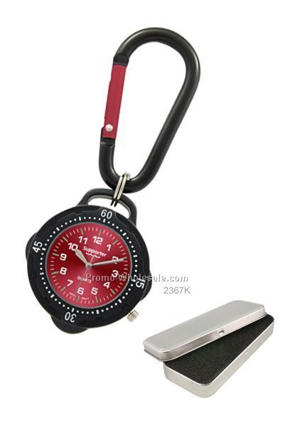 Black Metal Clip-watch With Red Face & Attached Carabiner