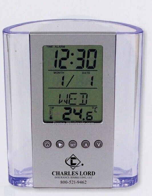 Clear Pen Cup W/ Digital Alarm Clock/ Thermometer (3 Day Shipping)