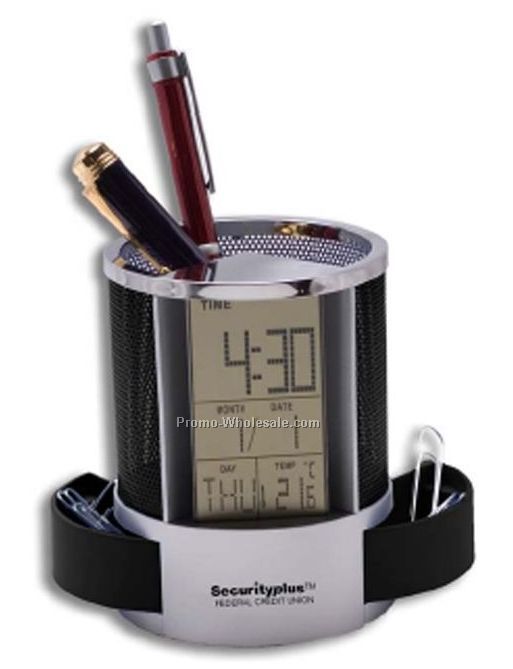 Digital Clock Pencil Caddy W/ Storage Trays & Thermometer