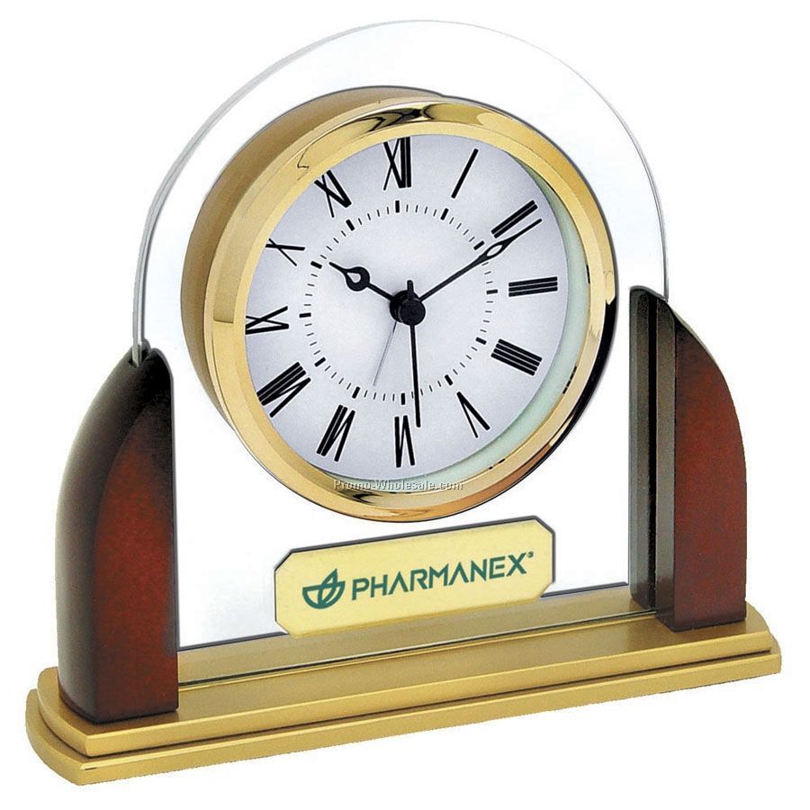Glass & Wood Desk Alarm Clock W/ Straight Florentine Base