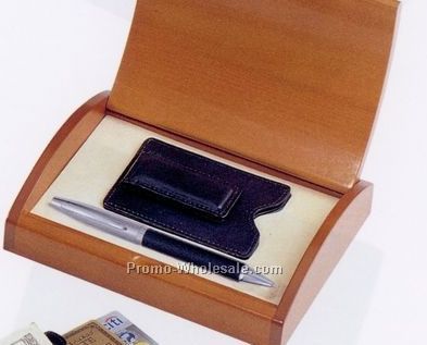 Leather Pen And Card Case W/ Magnetic Money Clip In Wooden Box